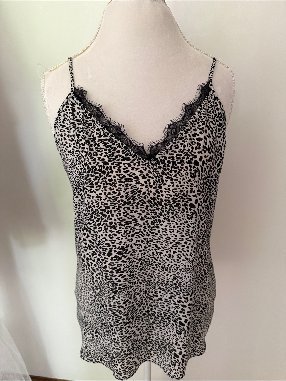Rachel Zoe Black & White Animal Print Lace-Trim Cami Top SZ Med